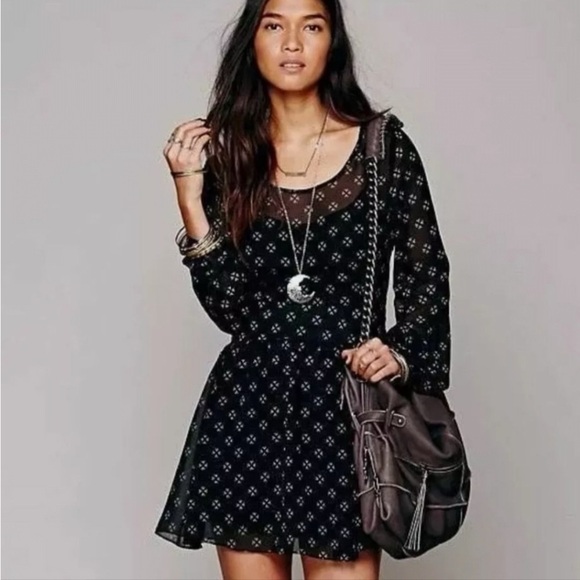 Free People Sheer Black Baby Dee Chiffon Long Sleeve Fit and Flare Dress Sz S - Picture 3 of 13